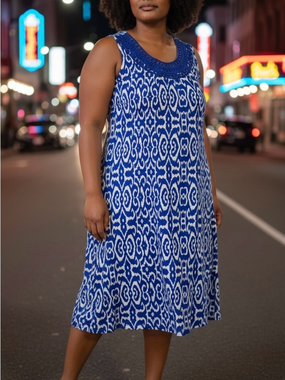 Kim Rogers Women's size 14 Royal Blue abstract pattern 100% Linen midi dress